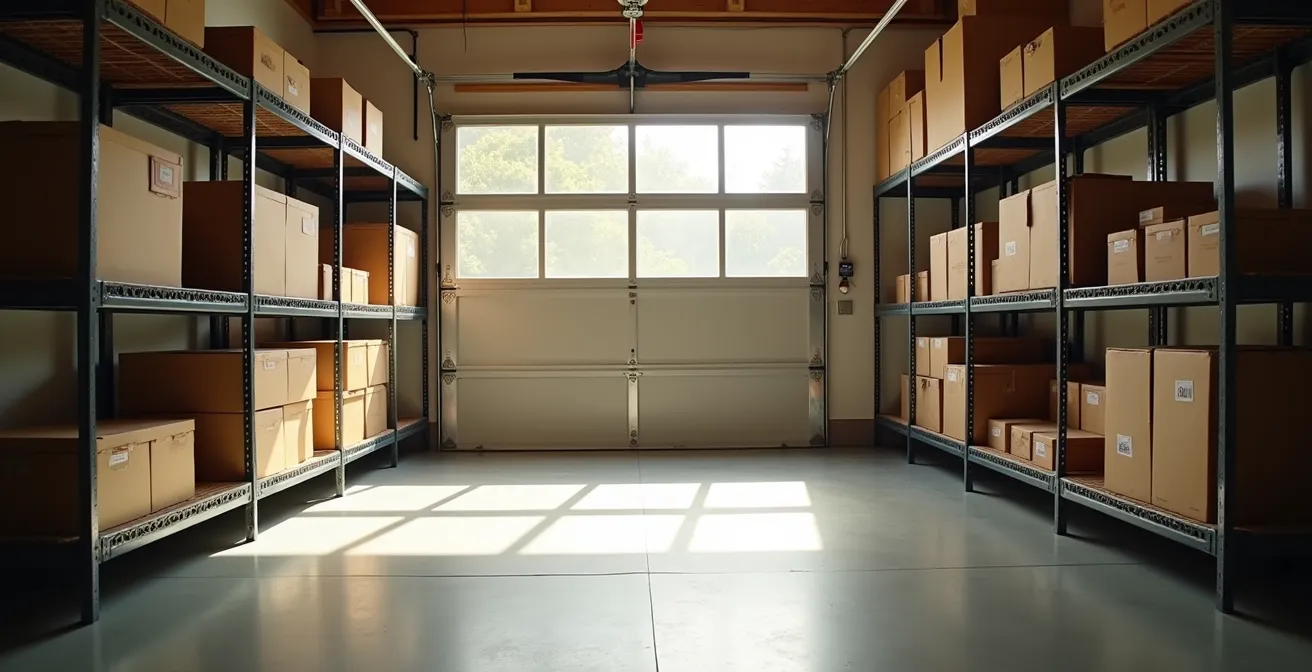 Vue d'un garage résidentiel avec des étagères métalliques et des cartons rangés