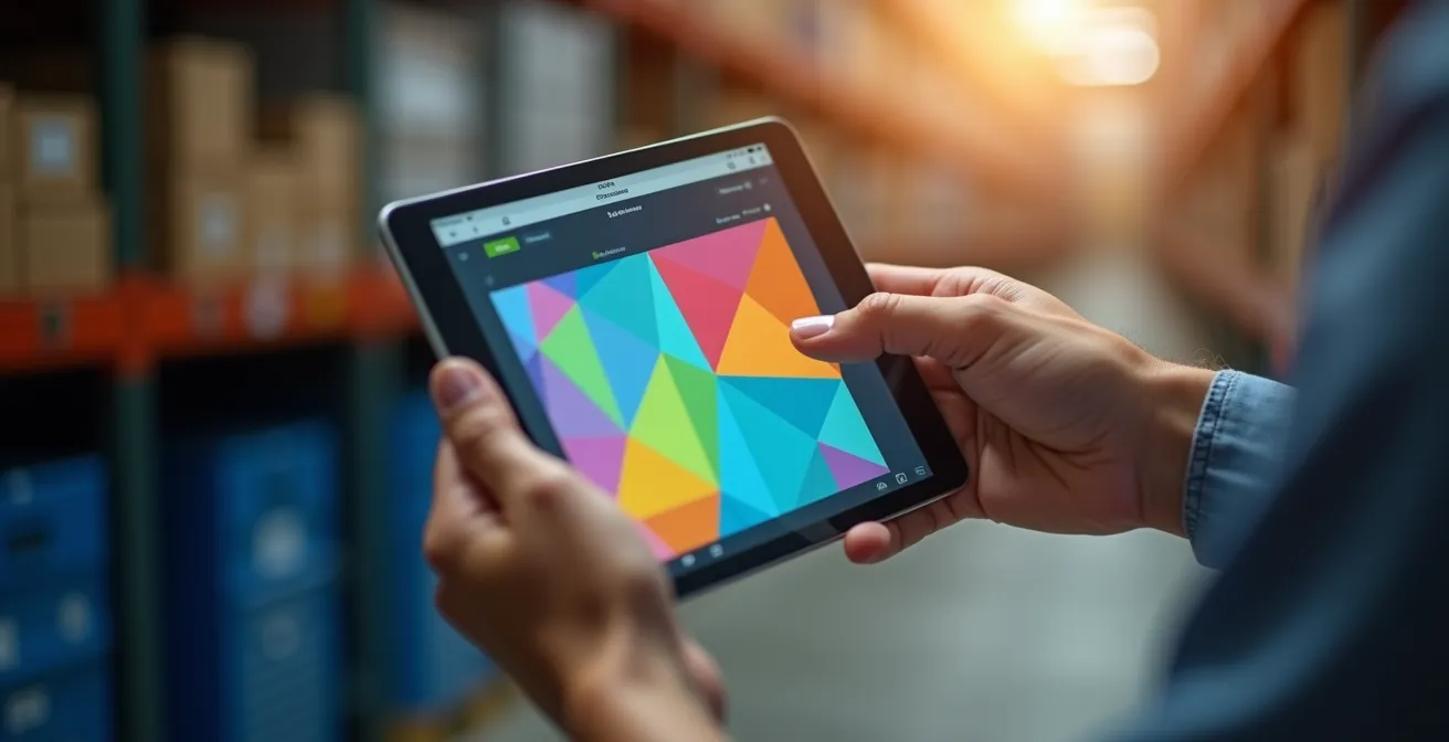 Mains tenant une tablette avec des motifs abstraits colorés représentant la planification