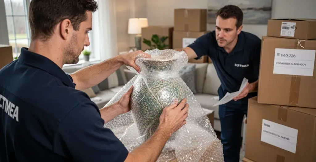Déménageur professionnel emballant soigneusement des objets fragiles dans un salon