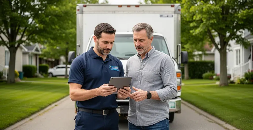Client discutant avec le responsable d'une entreprise de déménagement devant le camion