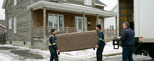 Déménageurs professionnels chargeant un camion devant une maison résidentielle québécoise