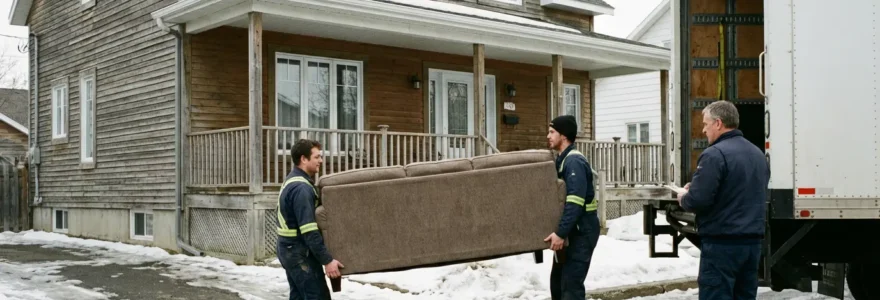 Déménageurs professionnels chargeant un camion devant une maison résidentielle québécoise