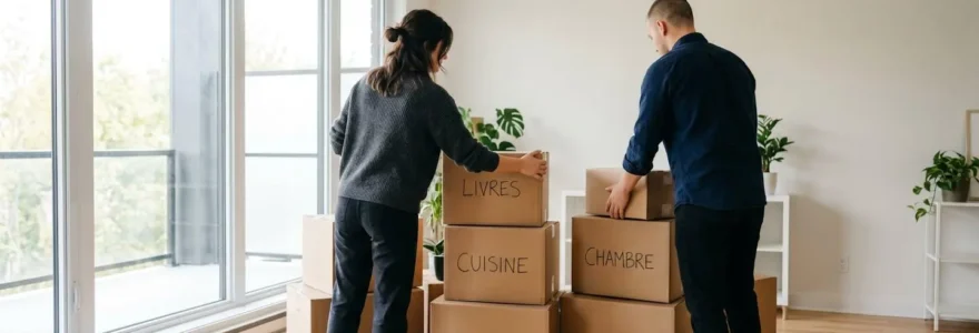 Un couple vu de dos organise des cartons de déménagement dans un espace lumineux et moderne