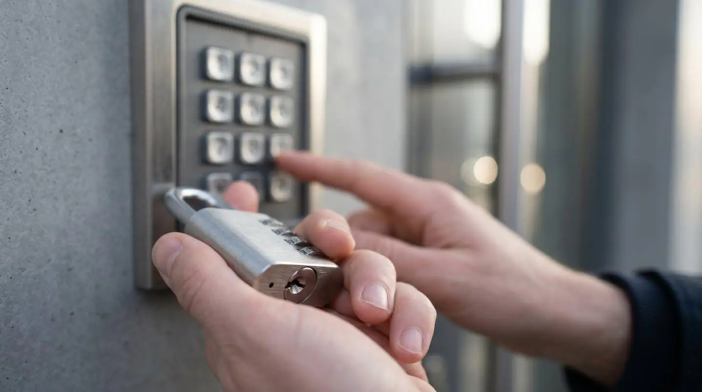 Gros plan sur des mains tenant un cadenas moderne devant un digicode d'accès à un box de stockage