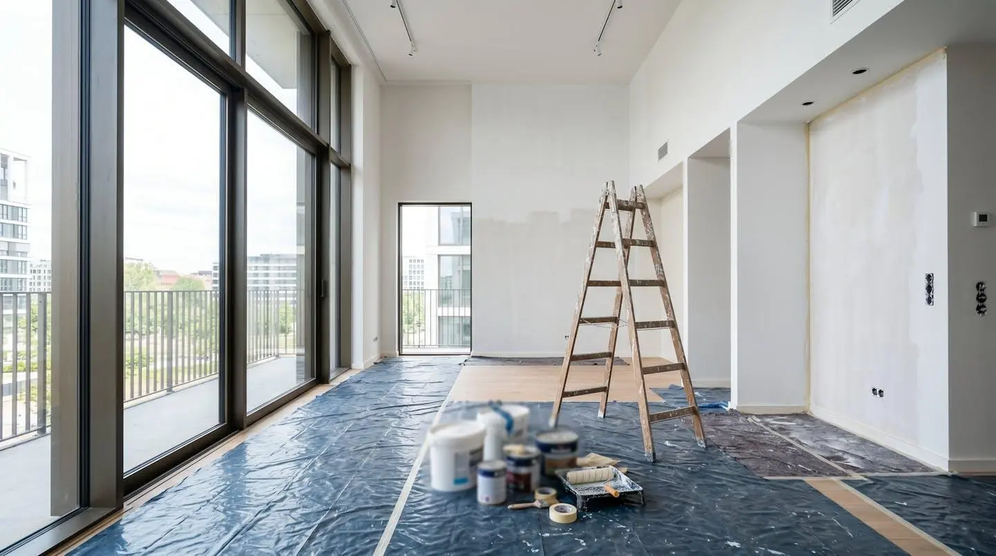Intérieur lumineux d'un appartement vide en cours de rénovation avec échelle et bâches au sol