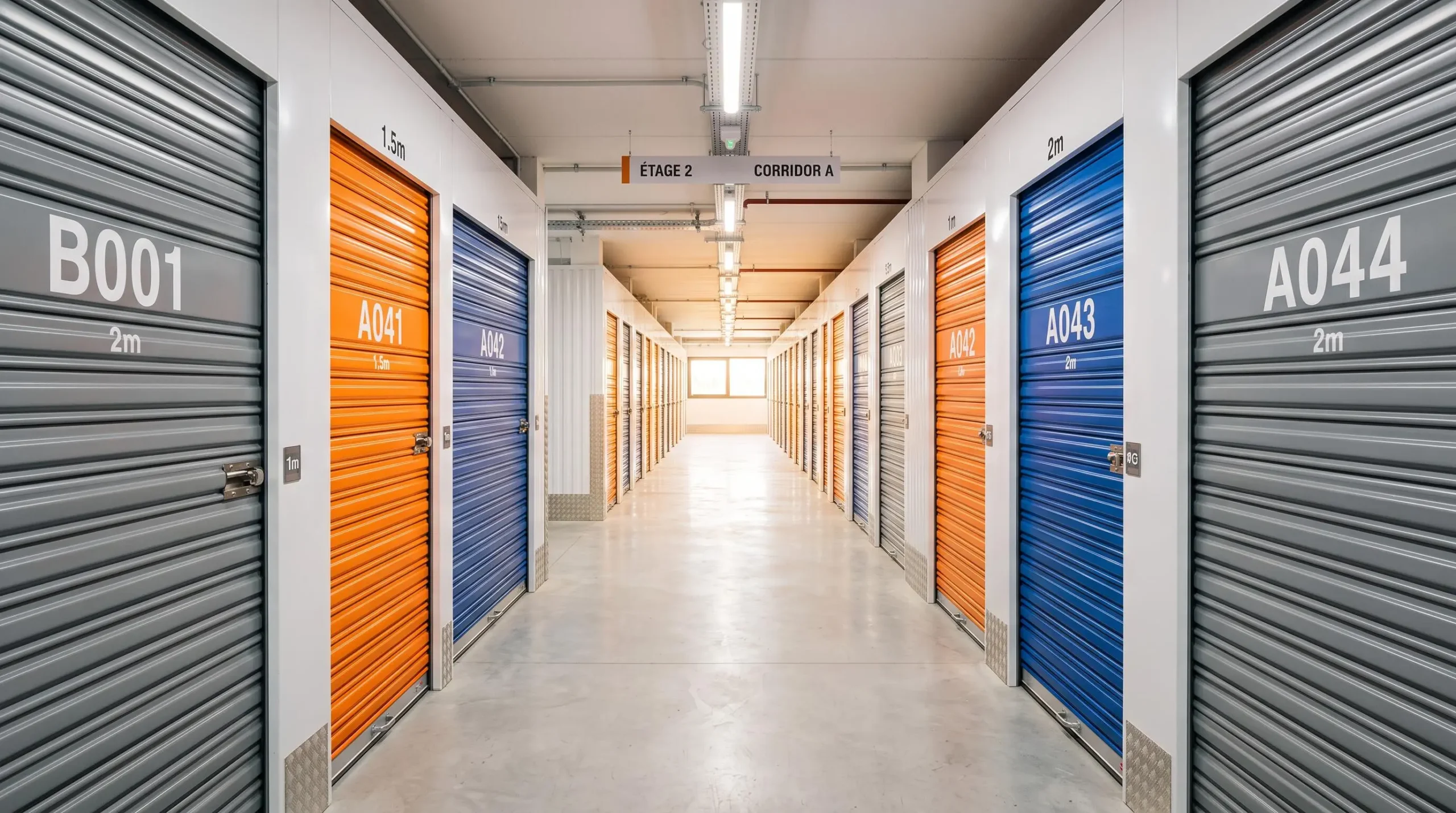 Couloir intérieur d'un centre de self-stockage moderne en France, montrant deux rangées de box métalliques sécurisés de différentes largeurs (portes orange, bleues et grises numérotées), sol en béton ciré, éclairage LED, perspective valorisant la diversité des tailles disponibles