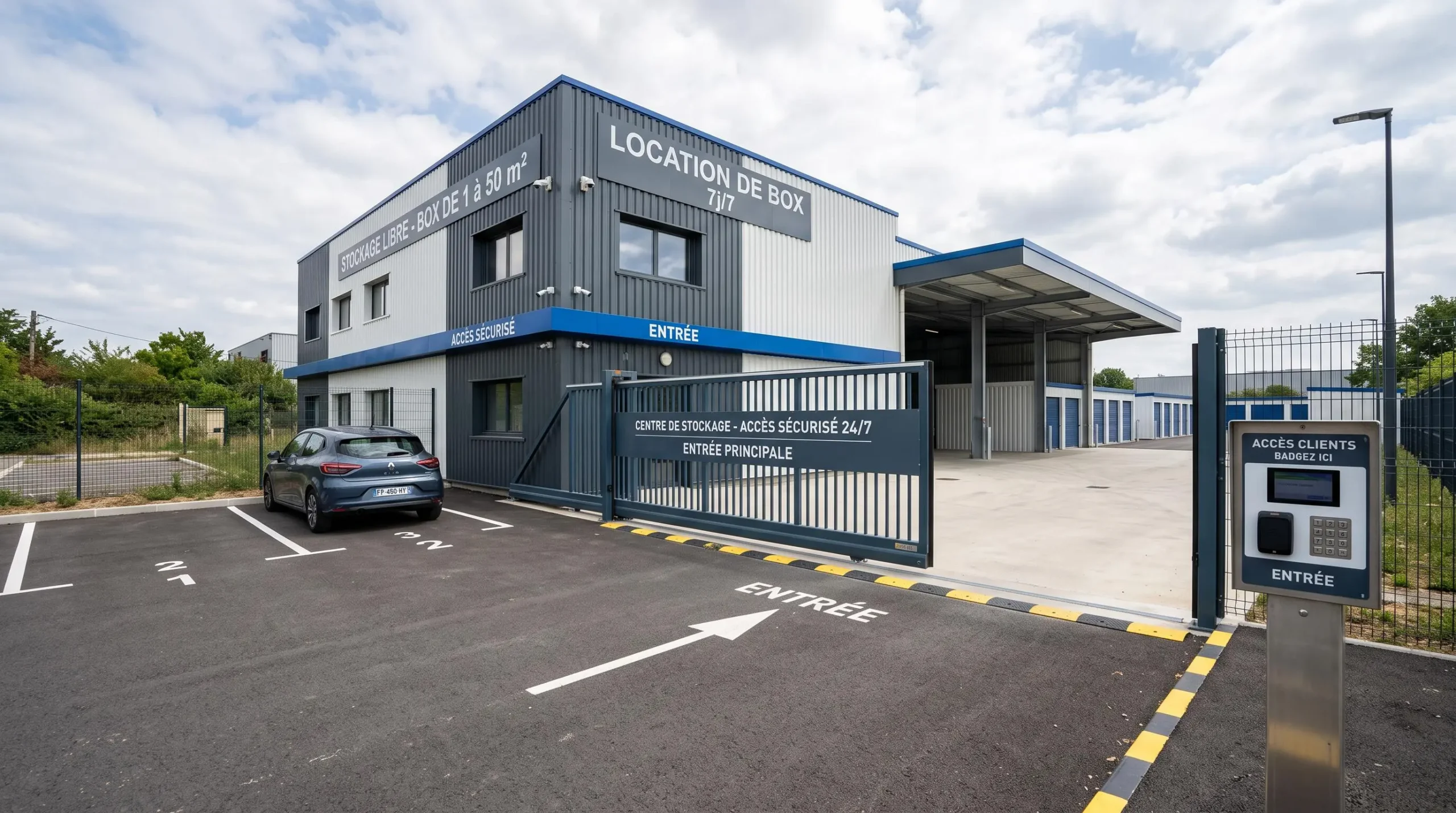 Entrée extérieure d'un centre de self-stockage moderne en France, avec portail coulissant métallique sécurisé, borne de contrôle d'accès par badge et digicode au premier plan, architecture industrielle contemporaine en bardage métallique gris et bleu, parking clients asphalté