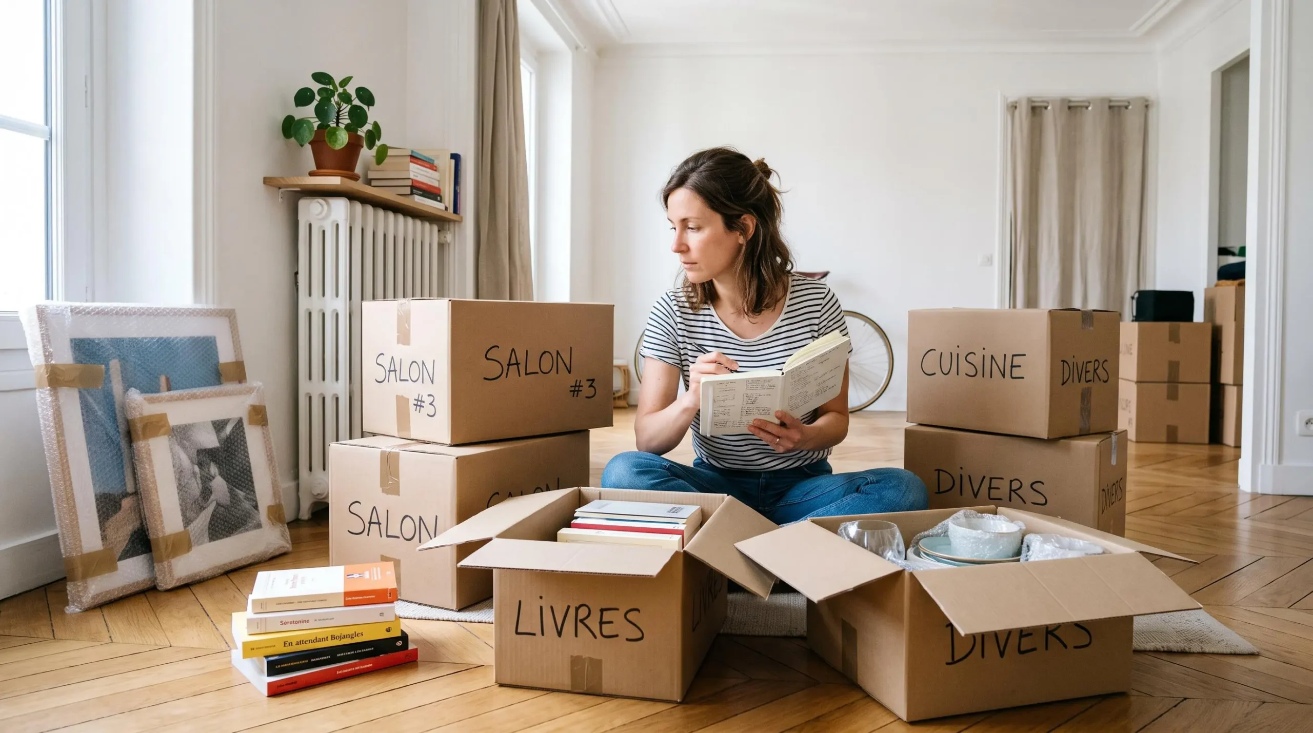 Femme de 30-40 ans assise au sol de son salon contemporain français, entourée de cartons de déménagement ouverts et fermés, tenant un carnet et inventoriant méthodiquement ses affaires (livres, vaisselle emballée, cadres), regard concentré dirigé vers les objets à lister