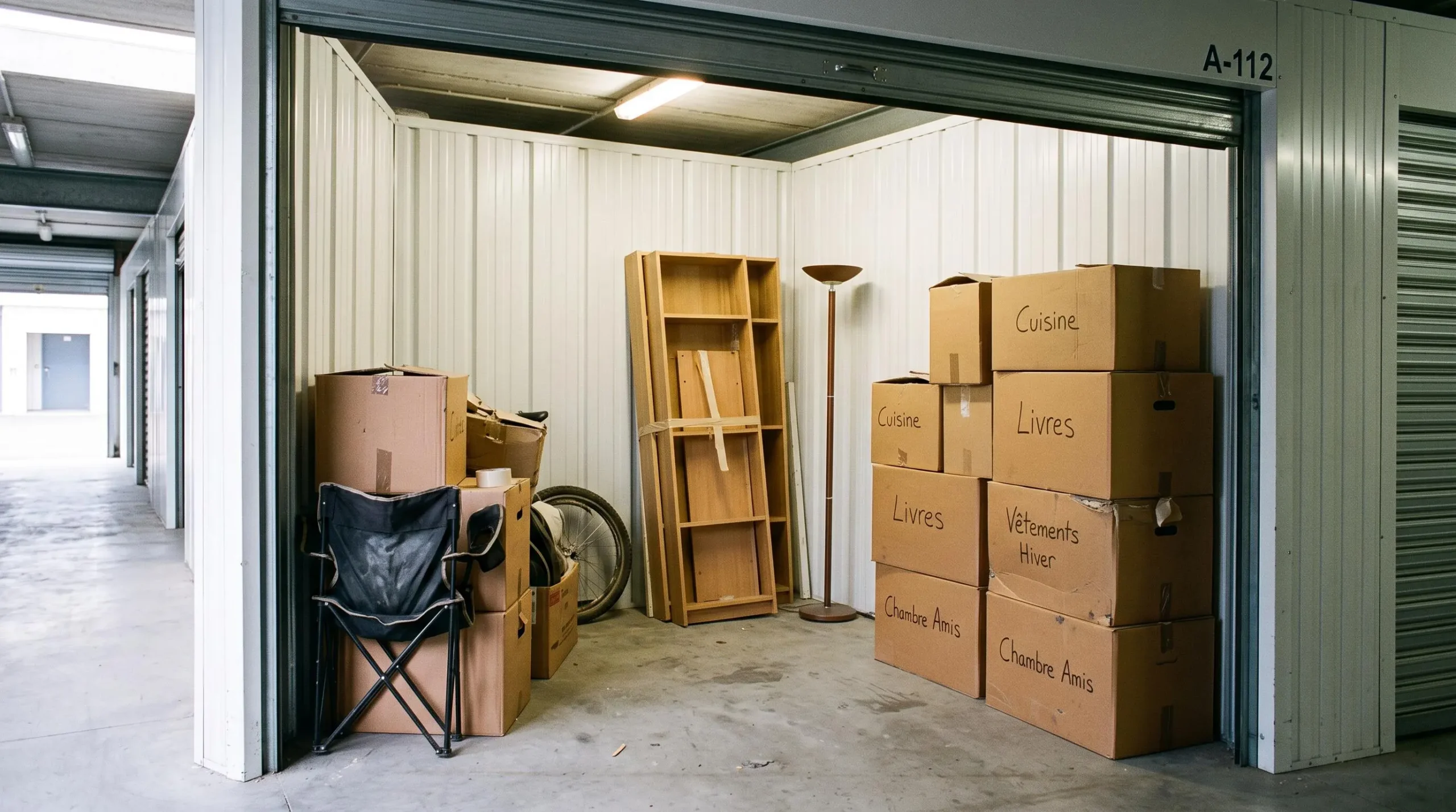 Intérieur d'un box de self-stockage de 10 m² en France, avec cartons de déménagement bruns empilés méthodiquement en hauteur (3-4 niveaux), chaise pliante, étagère démontée et lampe sur pied rangés sur le côté, porte ouverte laissant entrer la lumière naturelle
