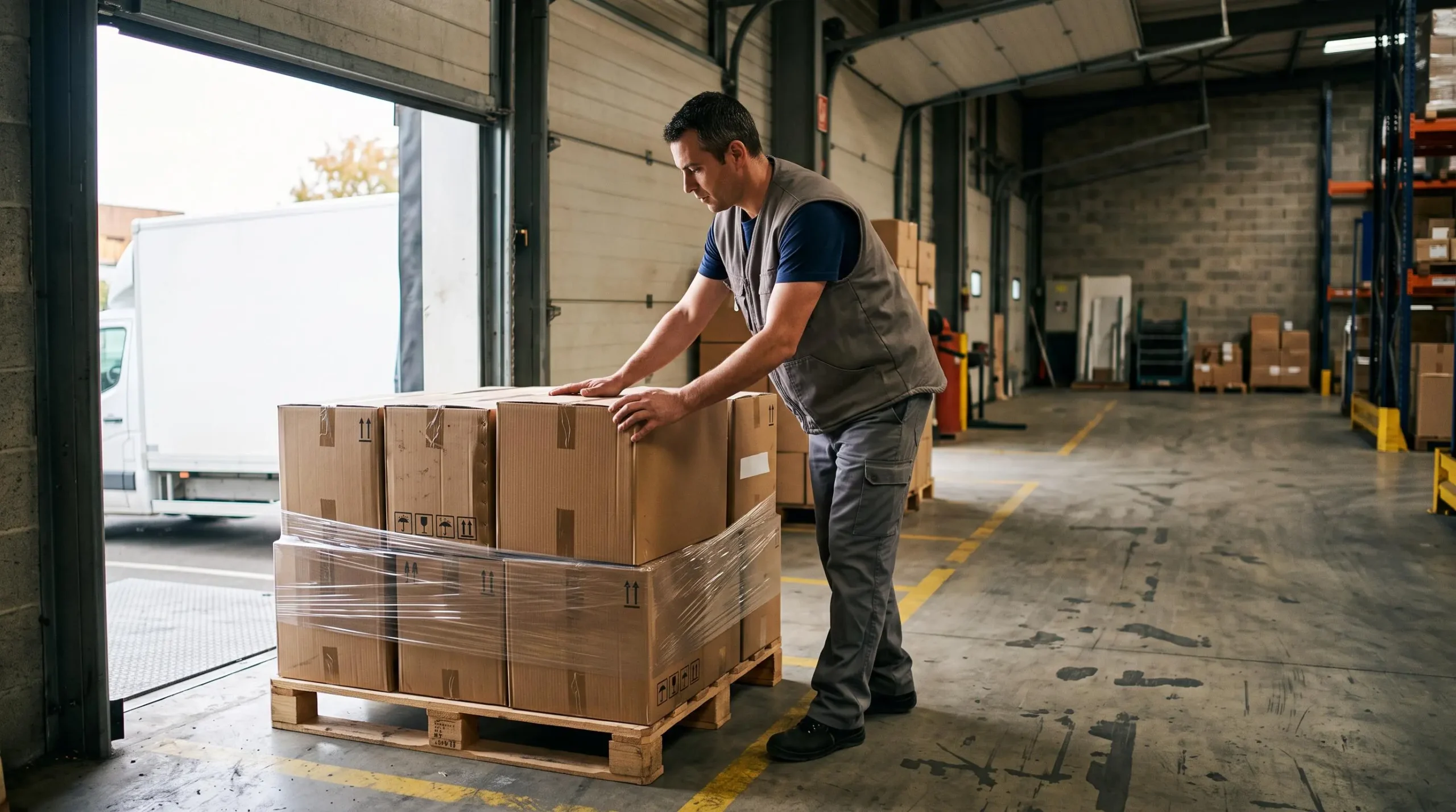 Un agent logistique vérifie la résistance d'une pile de cartons triples cannelures sur une palette, quai de chargement d'un entrepôt.
