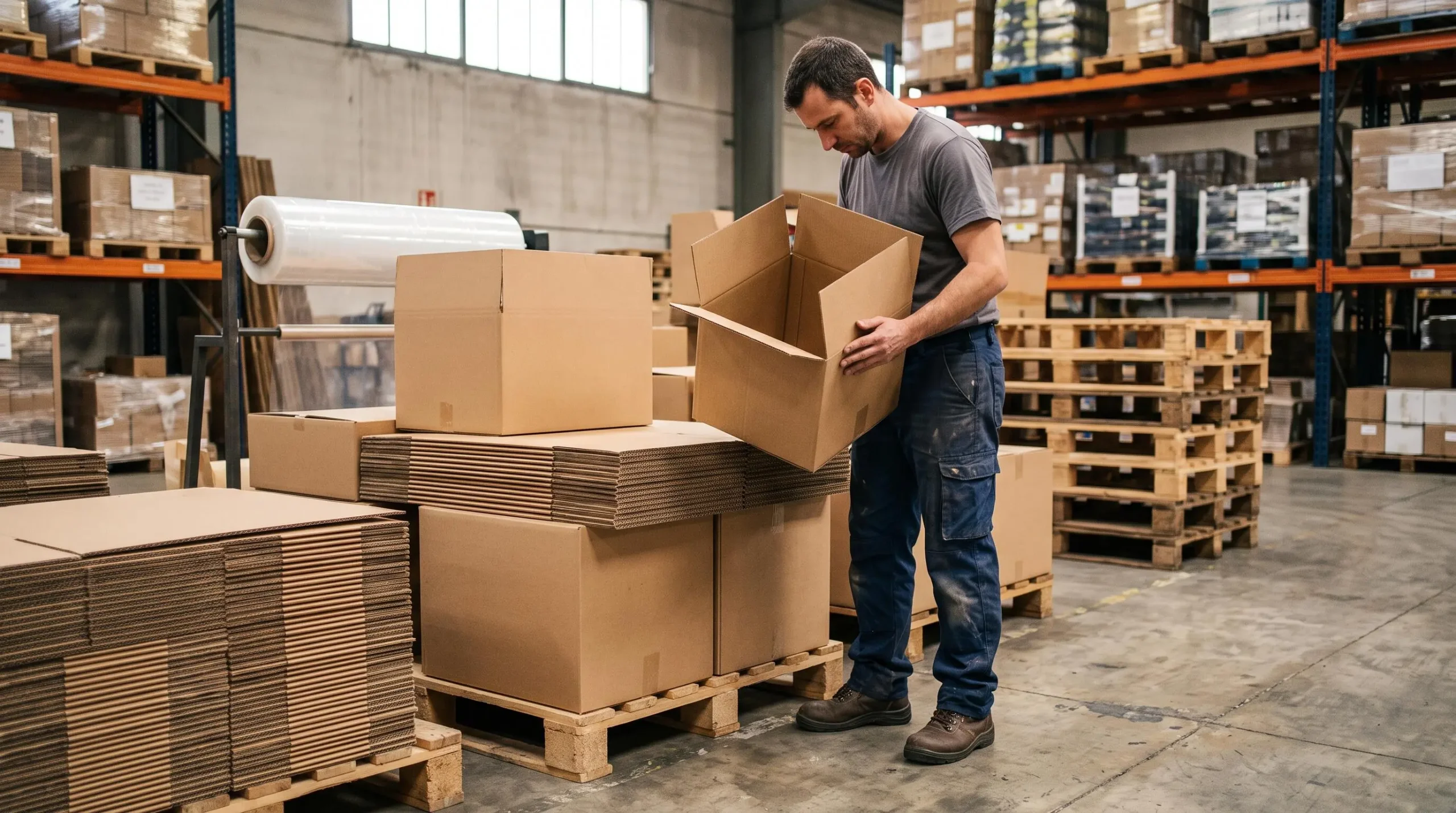 Un manutentionnaire examine l'épaisseur d'une boîte en carton ondule parmi plusieurs piles de cartons simples, doubles et triples cannelures dans un entrepôt.