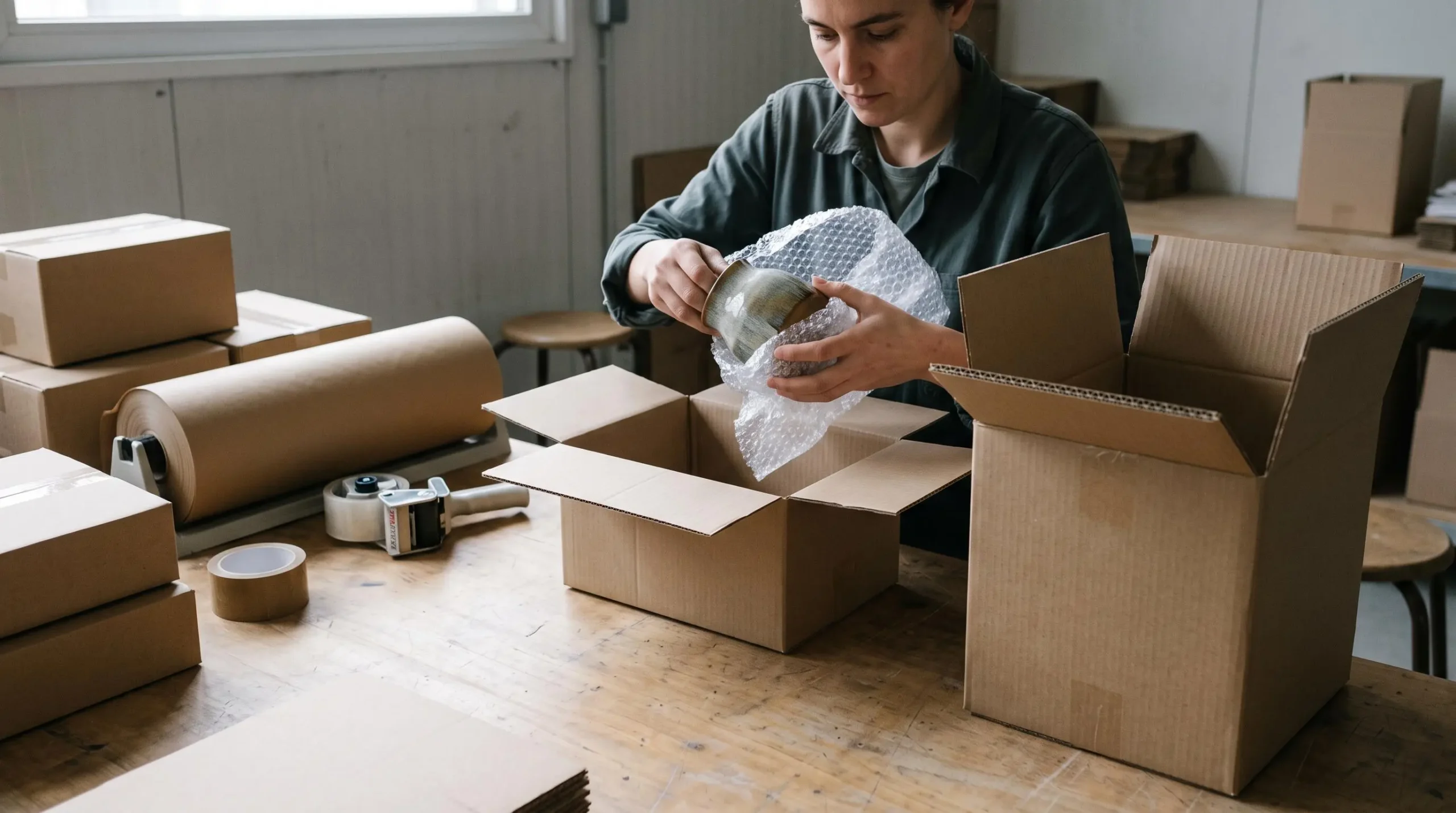 Un préparateur emballe un objet fragile dans une boîte en carton simple cannelure, une boîte plus épaisse posée à côté sur la table.